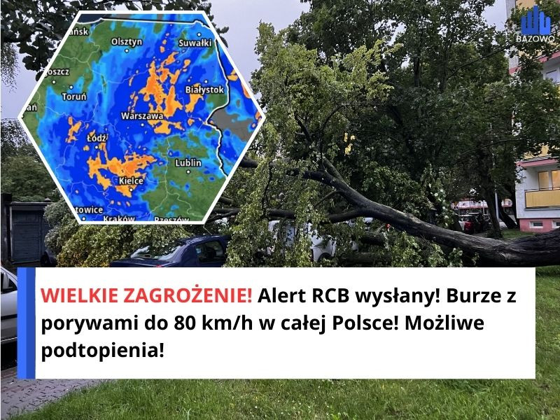 WIELKIE ZAGROŻENIE! Alert RCB wysłany! Burze z porywami do 80 km/h w całej Polsce! Możliwe podtopienia!